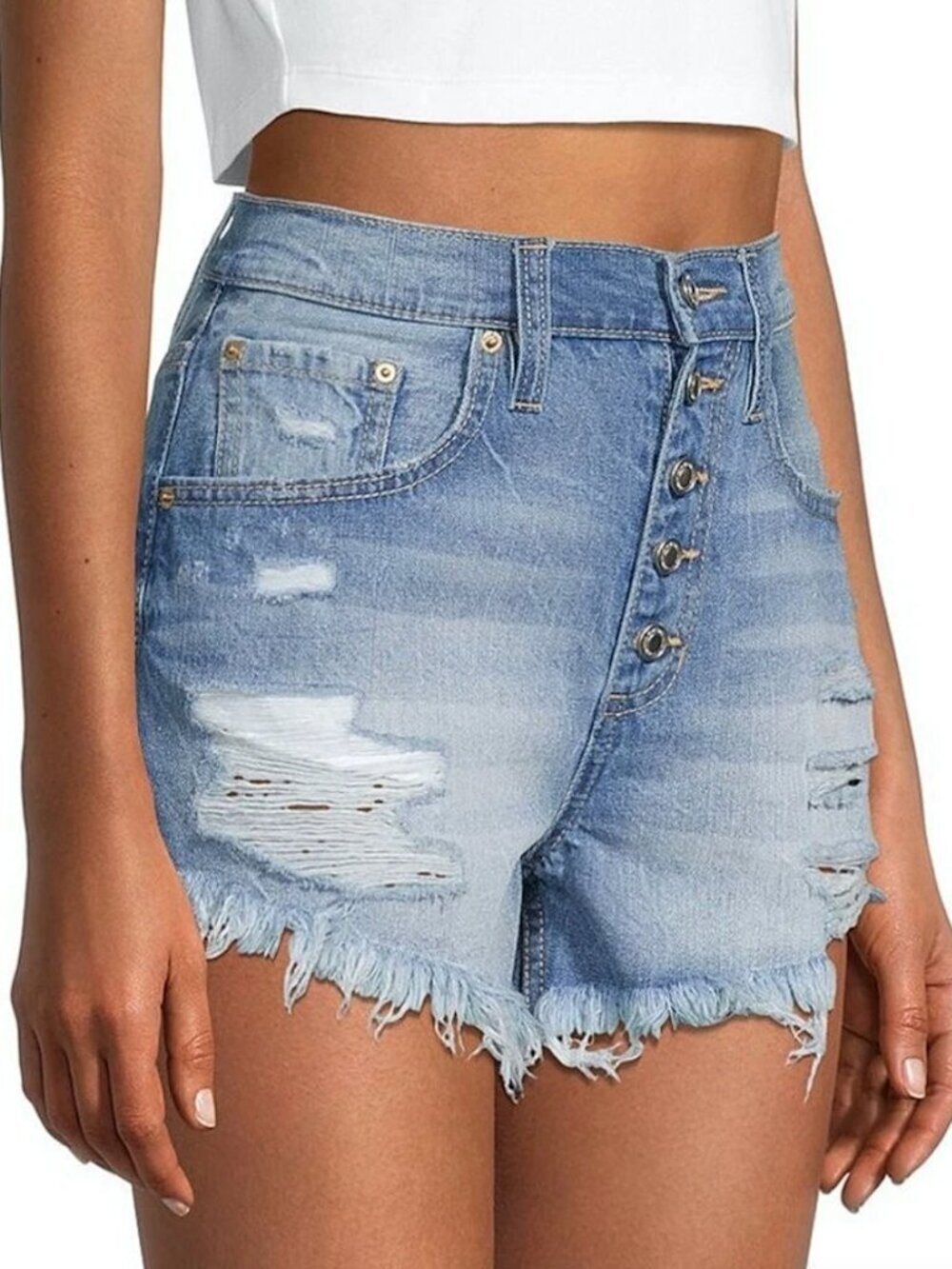 NEW NWT BLUE SPICE High Waist A-Line Short Denim Distressed Ripped Button Fly 3